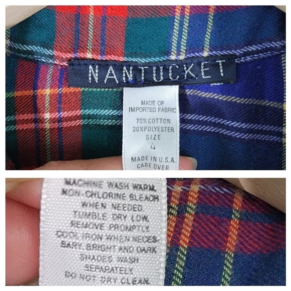 VTG NANTUCKET Flannel Dress Sz 4 Red/Blue Plaid Button-Up Long Sleeve Fit Flare - Picture 11 of 12